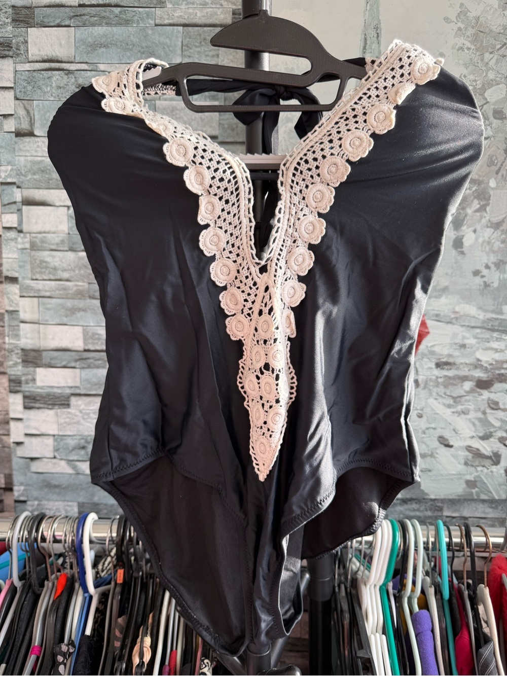 Kona Sol Black One-Piece Swimsuit with Cream Crochet V-Neck